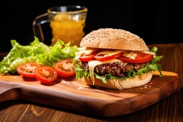 burger with lettuce, tomato and cheese on a wooden board