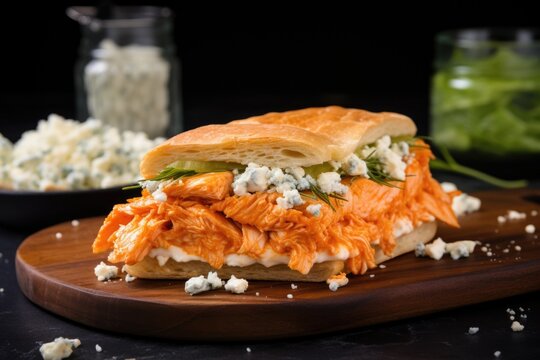 Buffalo Chicken Sandwich On A Black Slate Plate