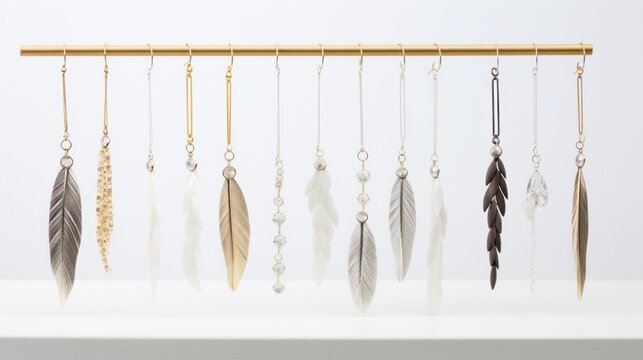 A collection of feather earrings hanging from a gold bar on a white background. This image is trendy and bohemian, with a variety of materials and colors. The earrings are made of metal, beads, and