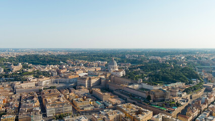 Fototapeta na wymiar Rome, Italy. View of the Vatican. Basilica di San Pietro, Piazza San Pietro. Flight over the city. Evening time, Aerial View