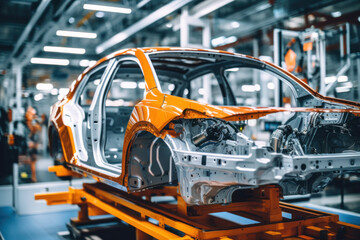 Car production line. Assembling a car on a conveyor belt. Close-up of a car body. Automotive industry Interior of a high-tech factory, modern production.