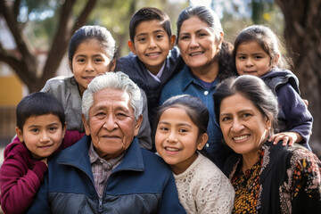 Big Mexican family together. Family photo of joyful old people, children and grandchildren. Children and grandchildren visit elderly parents. Family traditions and values. Caring for the elderly.