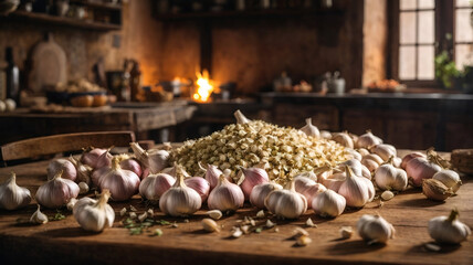 Piles of garlic in the old kitchen, healthy food concept