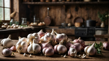 Piles of garlic in the old kitchen, healthy food concept