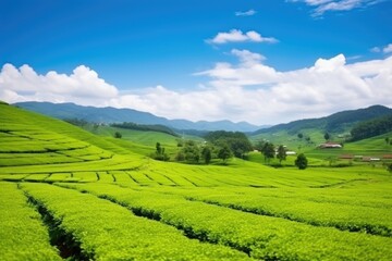tea plantation landscape with bright green tea bushes