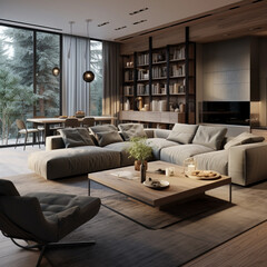 living room interior, gray color dark, light gray, beige, wood furniture