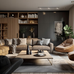 living room interior, gray color dark, light gray, beige, wood furniture