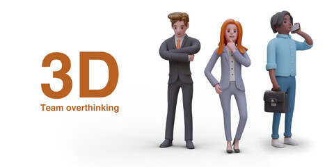 Team is overthinking. Finding solution, difficult task. Male and female vector characters in thoughtful poses. Color illustration on white background. Business concept