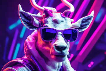 Neon cyberpunk futuristic portrait in pop art style of white reindeer with large strong horns and...