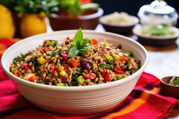 a colorful farro salad in a white bowl on a bold, red table