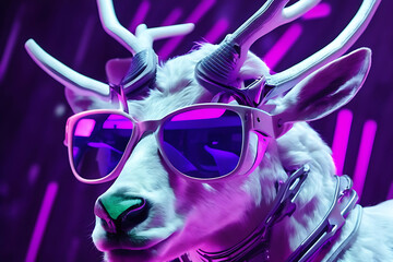 Neon cyberpunk futuristic portrait in pop art style of white reindeer with large strong horns and...