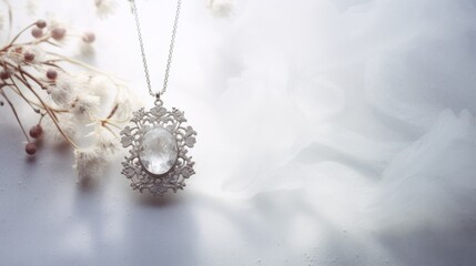 A silver pendant necklace with a clear stone and white flowers on a white background. This image is elegant and feminine, with a floral design and a shiny texture. The pendant is in the shape of a