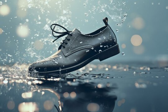 An image of shoes confidently splashing through a serene puddle, creating a whimsical dance of water and footwear. Generative AI