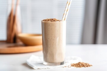 flaxseed smoothie in a tall glass with a patterned straw on a brightly lit table