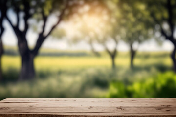 Naklejka na ściany i meble Wooden table with blurred farm background on harvesting season. Flawless . generative ai