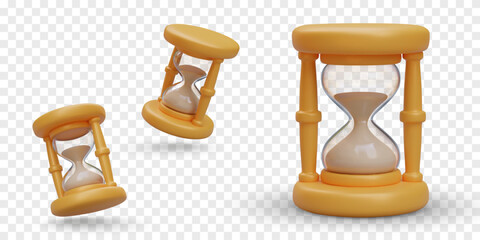 Collection of hourglasses in different position. Watch with sand inside to measure time. Countdown to deadline and law. Vector illustration in 3d realistic style