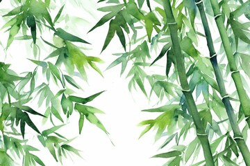 An image featuring bamboo leaves created with watercolors, placed on a white background. Generative AI