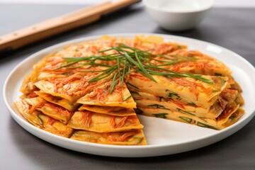 kimchi pancake cut in slices, served in a white plate