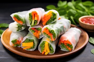 a colorful, vibrant display of fresh spring rolls with sliced carrot garnish