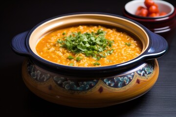 red lentil soup in a ceramic bowl, shot from the side