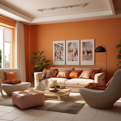 interior house color, living room, orange, brown and beige
