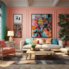 interior house color, living room, pink, blue and beige