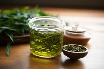 whole leaf green tea in a glass jar