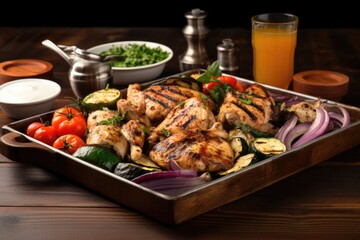 grilled chicken served with grilled vegetables on a tray