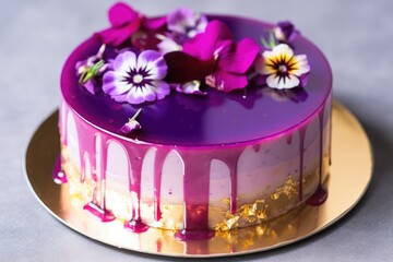 Obraz na płótnie Canvas mousse cake with a mirror glaze and edible flowers
