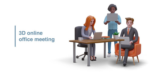 Professional team working in office. American man holding laptop and typing. Young male manage work tasks. Female working at desk. Colorful vector illustration in 3d style