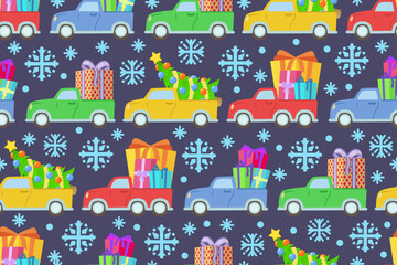 Fototapeta premium Colorful cars carrying gift boxes and Christmas trees. Christmas traffic with gifts and presents delivering cars.