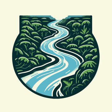 
Amazon river logos, colorful minimalists, show the jungle, trees and water that make up the wild Amazon