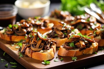 an array of mushroom bruschetta in a stylish serving platter