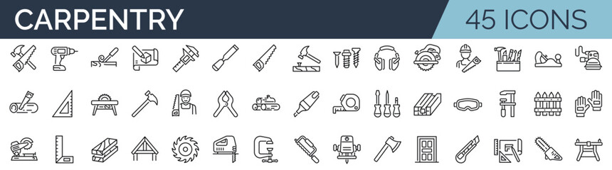 Set of 45 outline icons related to carpentry. Linear icon collection. Editable stroke. Vector illustration - obrazy, fototapety, plakaty