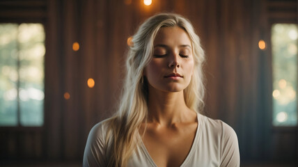 Obraz premium young woman with blonde hair portrayed in a contemplative prayer, radiating serenity and devotion