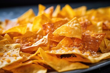 close-up of tortilla chips covered in melted cheddar