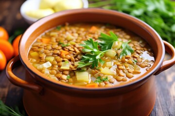 close up image of lentil soup with celery and carrots