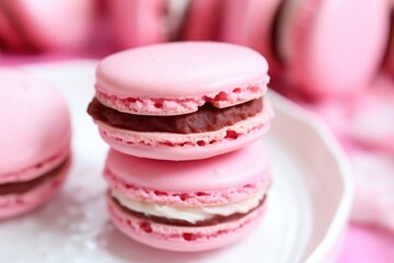 close-up of a pink macaron with bite taken out