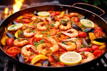 close-up of shrimp in a seafood paella