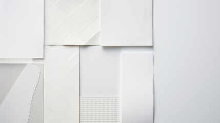 A white textured wall with various patterns and panels. The wall is made up of different sized papers panels with different textures such as diagonal lines, horizontal lines, and a grid-like pattern