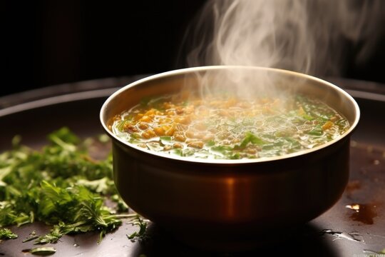 steam rising from a bowl of lentil soup, shot at eye level
