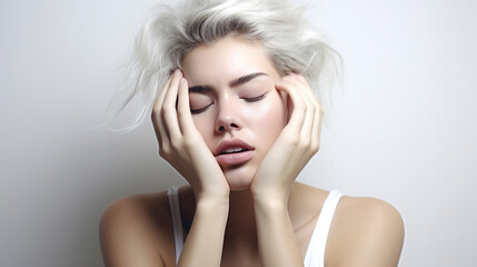 Obraz premium woman in pain, eyes closed, hand holding head, model, white background, shot in studio - Generative AI