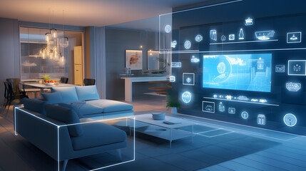 the concept of the Internet of things with an image of a smart home with artificial intelligence technology. Wide range of systems and devices within a household.