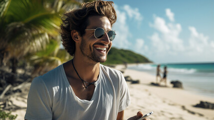 The man wearing sunglasses is using his cell phone on the beach - Generative AI