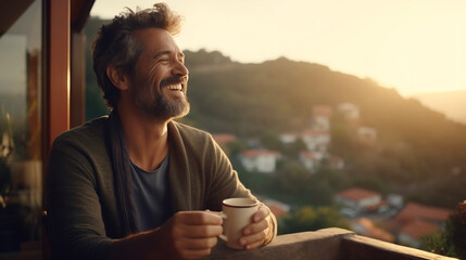 A Hispanic man in his 40s with a goatee sitting on a balcony in Spain, morning time, drinking coffee, beautiful sunrise, copy space - Generative AI - obrazy, fototapety, plakaty