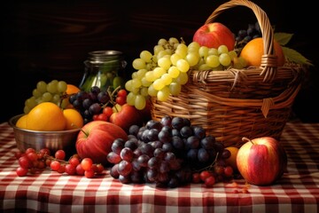 basket filled with harvest fruits on a checkered tablecloth