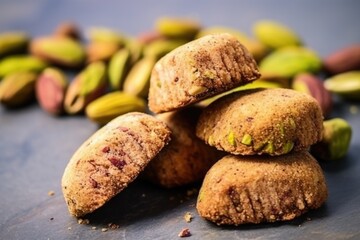 close-up of a handful of crusted pistachios on a stone slab - obrazy, fototapety, plakaty