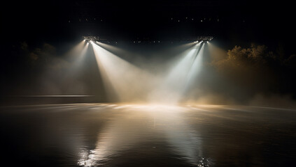 a stage lighting. There is a small light on the left center of the front that shines on part of the water, and there is a small amount of hazy smoke in the back. copy space - Generative AI