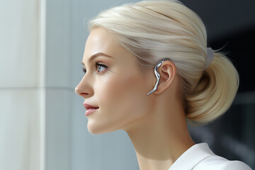 close-up photo of a person wearing a nearly invisible hearing aid. This photo highlights the discreet and modern design of the device.