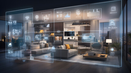 the concept of the Internet of things with an image of a smart home with artificial intelligence technology. Wide range of systems and devices within a household. - obrazy, fototapety, plakaty